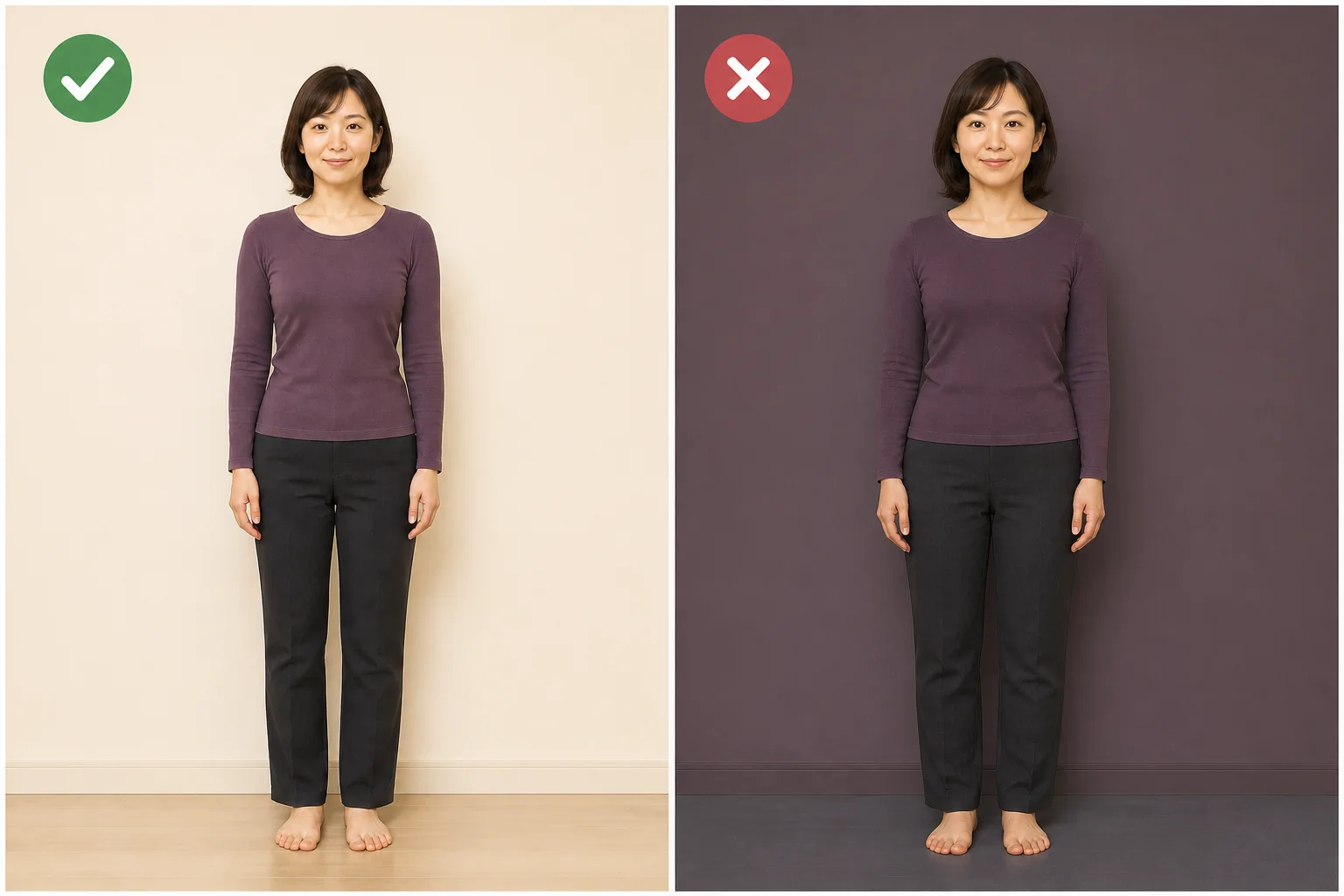 AI骨格診断用写真の背景比較。左は明るい背景と濃い服にコントラストがあり、右は背景と服が同系色で輪郭が同化している