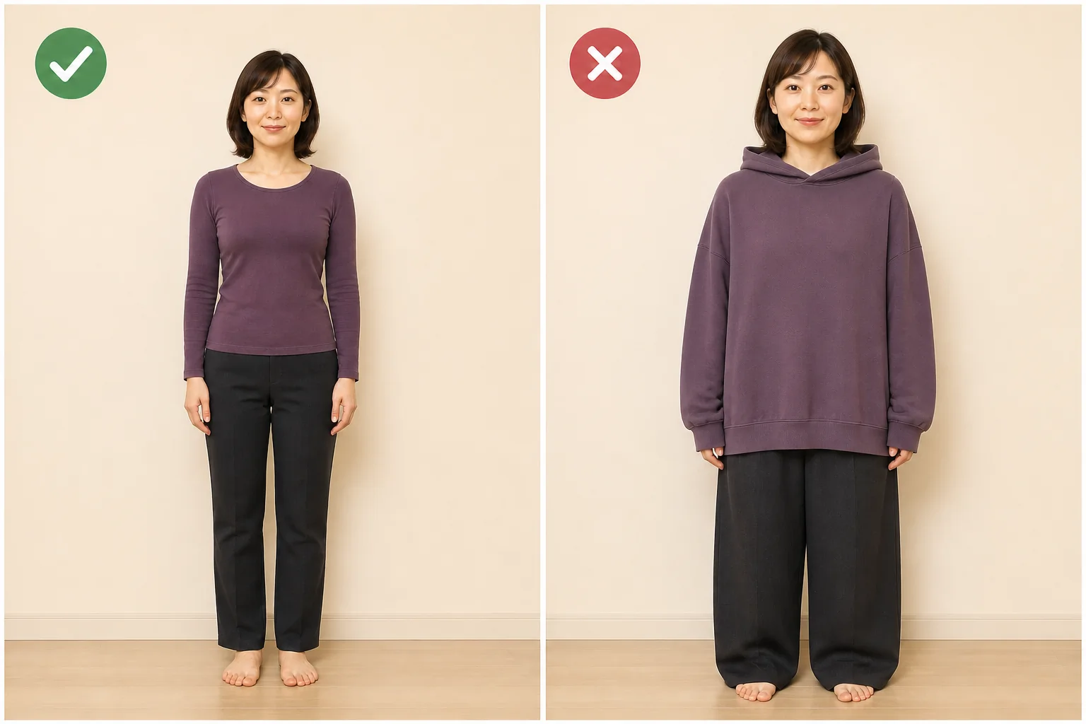 AI骨格診断用写真の服装比較。左は身体の輪郭が分かる服で、右はオーバーサイズのパーカーとワイドパンツが肩・腰・脚を隠している